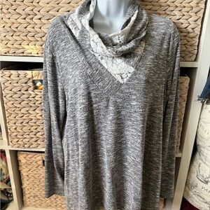 Live and Let Live Gray Cowl Neck Sweater with Lace Accent